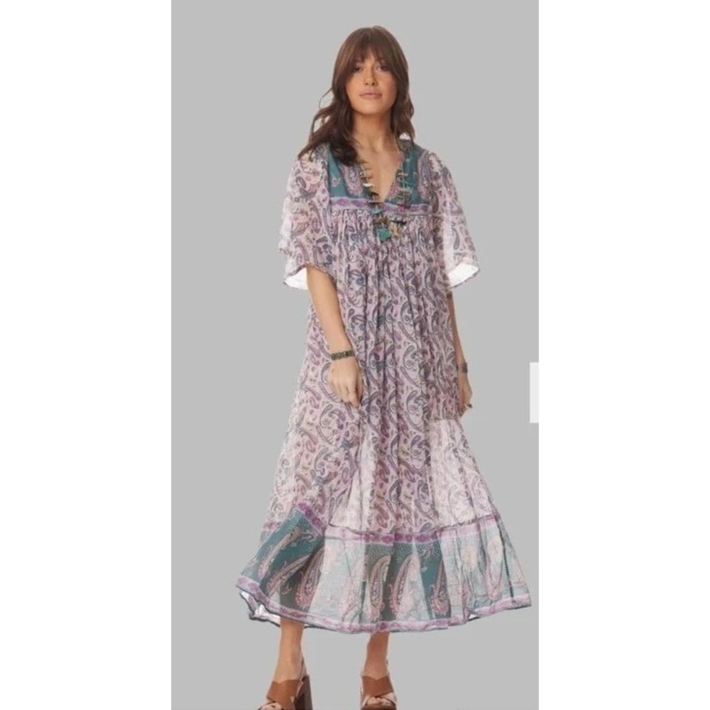 Blue Boheme Petal Printed Maxi Dress OS Teal Flutter Sleeves Cotton Boho Coastal